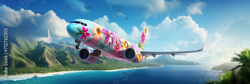 an airplane decorated with flowers flies across the sky, summer travel, flight to Hawaii, air transport, tourism, nature, beauty, vacation, tropics, height, speed, garland photo