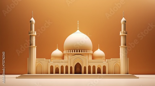 3d islamic mosque with golden dome on a brown background, in the style of minimalist backgrounds, light beige and white, bright sculptures, minimalist sets, photo, polychrome terracotta