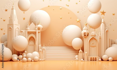 3d ramadan background with gold star and decorations, in the style of light orange and light beige, kitsch aesthetic, atey ghailan, white and gold, website, captivating, detailed world-building photo
