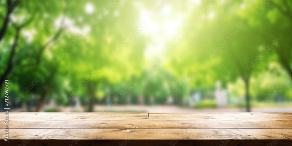 Green park background with blurred bokeh for product display on wood table top. Green park background with blurred bokeh for product display on wood table top.