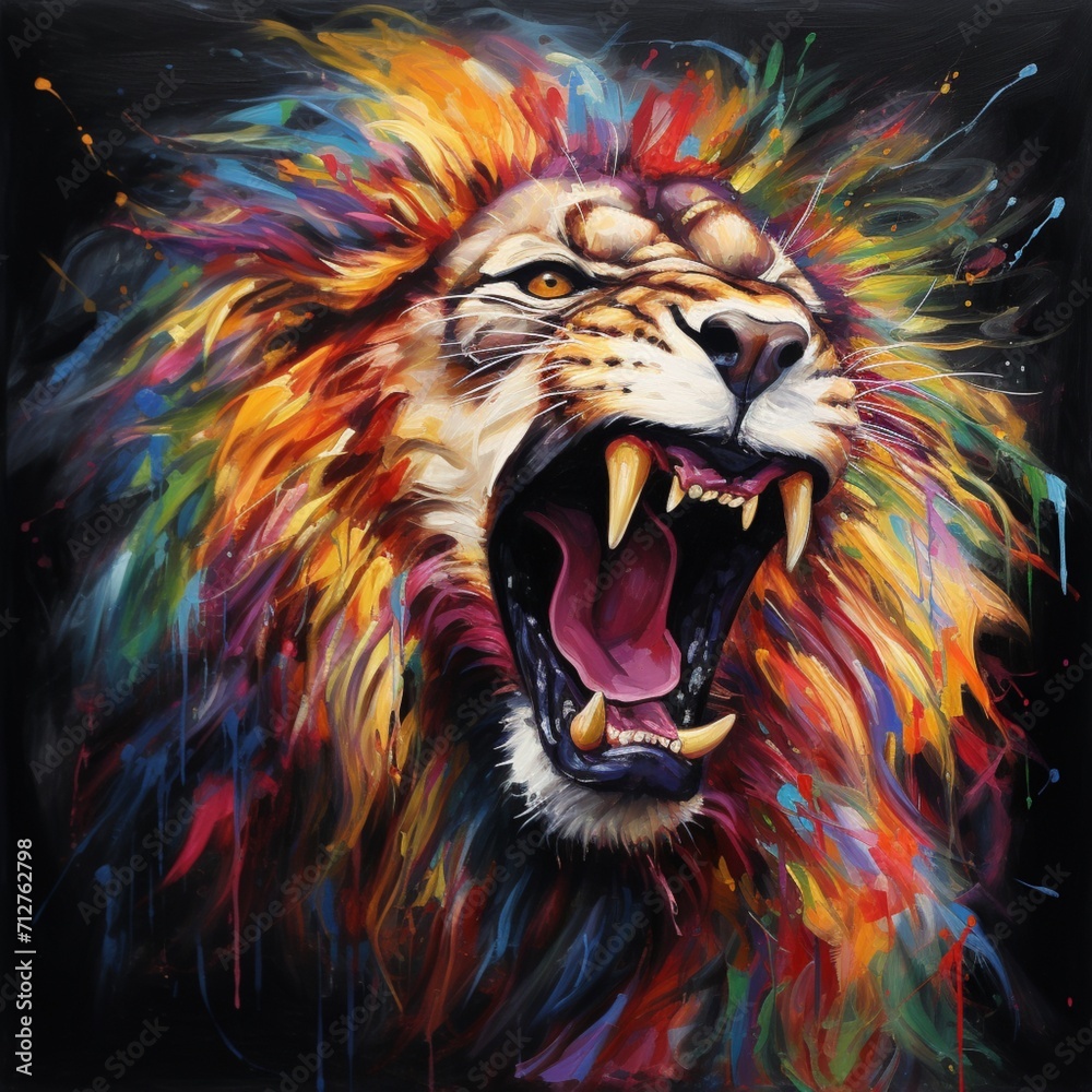 Fototapeta Colourful lion animal roaring painting image Generative AI