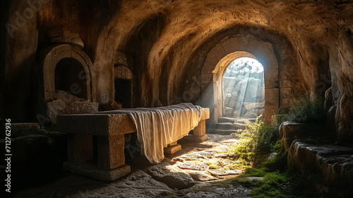 Empty tomb and light shines from the outside. Jesus Christ Resurrection photo