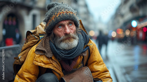 Homeless, poor man outside in winter