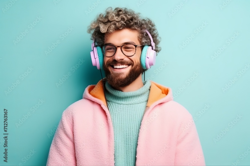 Happy millennial man with beard enjoying music on headphones on a plain pastel background. Concept: audio podcasts and listening to books, self-education through stereo - obrazy, fototapety, plakaty 