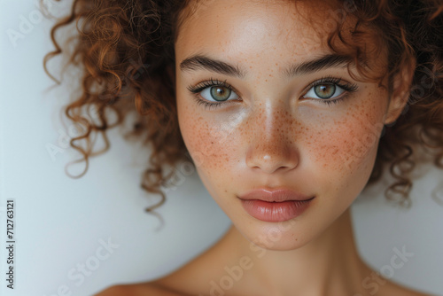 20 year old professional model with freckles, big black eyes, white background. concept of beauty, purity, divine woman photo