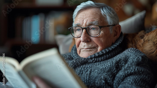 Senior man reading a book on a sofa with a cozy blanket