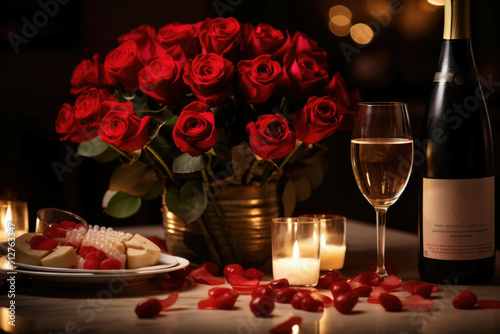 A romantic Valentines Day dinner table with a centerpiece of roses  lit candles and a bottle of champagne