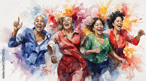 Cheerful mature women enjoying a carefree moment of happiness in a diverse and inclusive community. Women's day concept with an expressive watercolor style illustration photo
