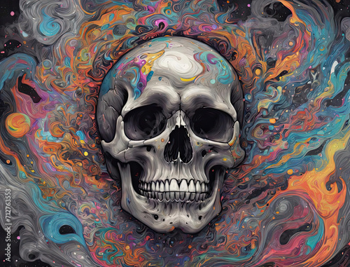 Psychedelic Trip - Close-up illustration of skull and man's face in a celestial cosmic voyage with abstract expressionist frenzy Gen AI photo