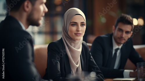 Businesswoman wearing a hijab at a business meeting