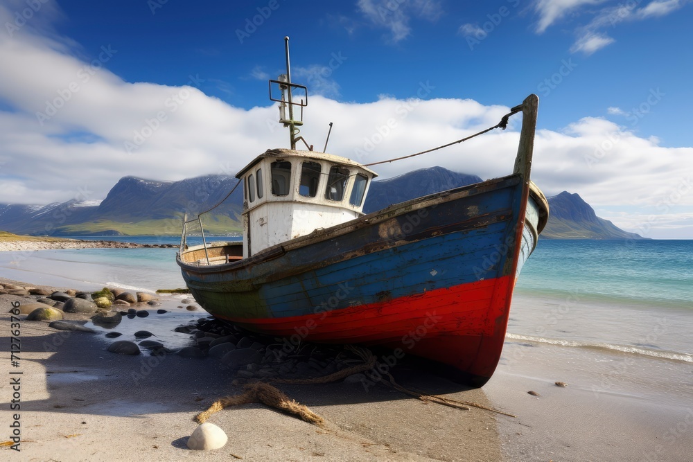 Whispers of Solitude, A Majestic Boat Resting Gracefully on the Golden Sands Whispers of Solitude, A Majestic Boat Resting Gracefully on the Golden Sands