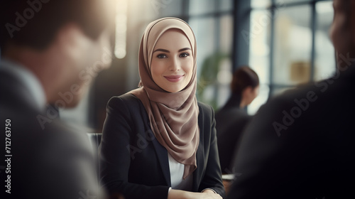 Businesswoman wearing a hijab at a professional business meeting