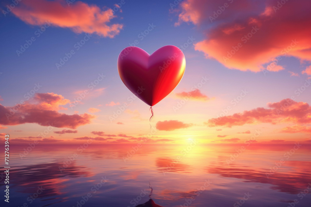 A heart-shaped balloon floating in the sky, surrounded by a bright and colorful sunset, representing the joy of Valentines Day