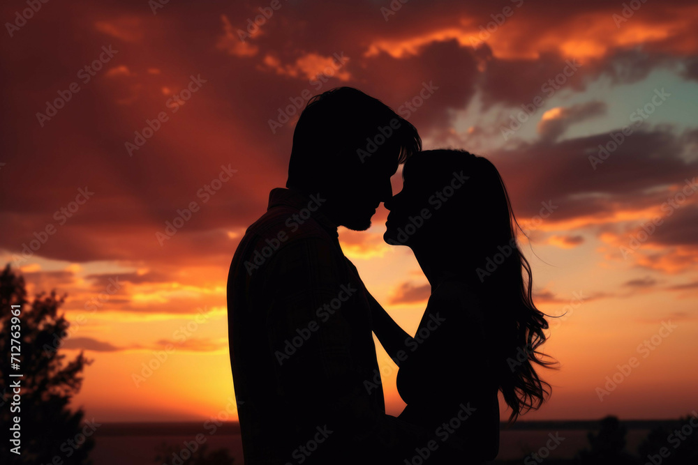 A couple in a romantic embrace in silhouette against a beautiful sunset sky
