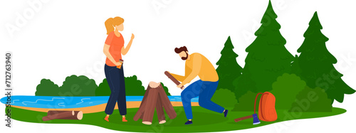 Man setting up campfire, woman standing by in forest setting. Couple preparing campsite in woods. Camping and outdoor prep vector illustration.