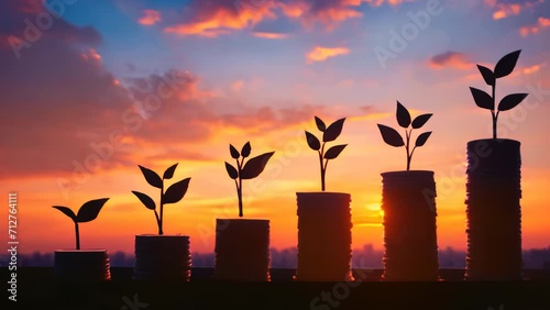 Investment Growth: Financial Prosperity Begins with Small Steps. Silhouettes of plants growing on stacked coins against a city skyline at sunset, concept of investment and financial growth over time photo