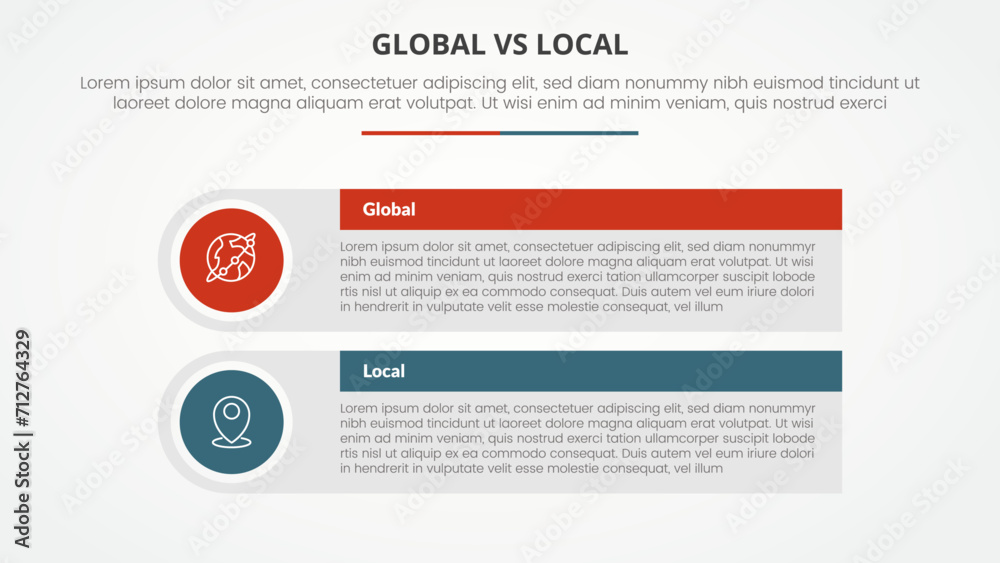global vs local versus comparison opposite infographic concept for slide presentation with big rectangle table box with round circle edge with flat style