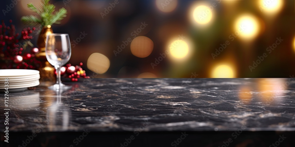Black marble table top with blurred kitchen bokeh light in the background, used as a mock-up for product display.