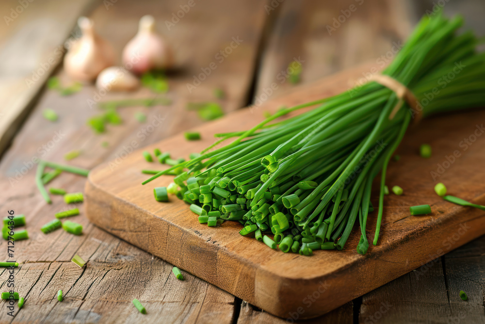 Bunch of fresh chives on a wooden cutting board, selective focus