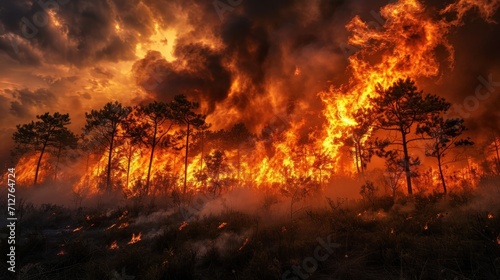 Forest fires. The flames engulf the trees  giving them an orange hue.