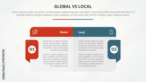 global vs local versus comparison opposite infographic concept for slide presentation with big box table with header and badge on side with flat style