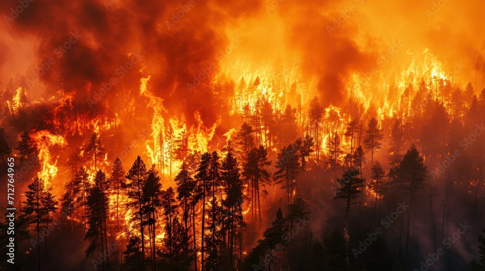 Forest fires. The flames engulf the trees, giving them an orange hue.