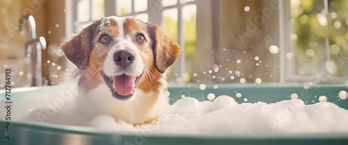 A joyful dog splashing around in a soapy bath indoors. An exuberant pup is caught mid-shake, water droplets flying, in a soap-filled bathtub. Adopt a shelter Pet Day. Panorama with copy space. photo