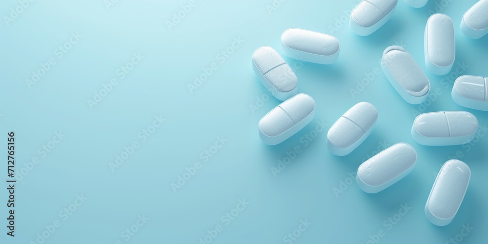 Pills, scattered on blue background, copy space, banner. Concept: medicine, healthcare, pharmaceuticals