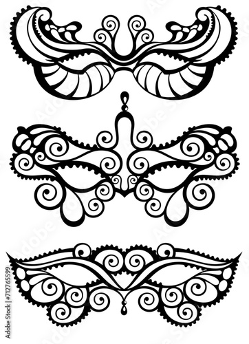 Set of carnival masks silhouettes. Simple black icons of masquerade masks, for party, parade and carnival, for Mardi Gras and Halloween. Mask elements can be used as isolated sign, symbol or icon.