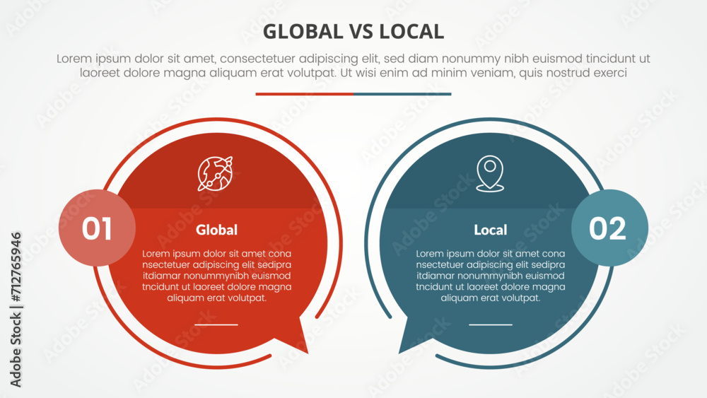 global vs local versus comparison opposite infographic concept for slide presentation with big circle outline callout comment box with flat style - obrazy, fototapety, plakaty 