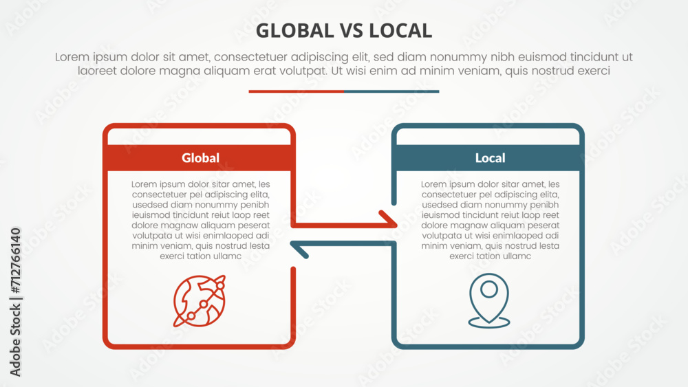global vs local versus comparison opposite infographic concept for slide presentation with big box outline and arrow direction with flat style