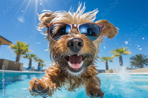 cute happy funny pretty beautiful dogs puppy doggy pet best friend swimming in pool or sea, wear sunglasses, water laps wet joyful humor enjoyment playing smiling sunlight beach. © Ирина Батюк
