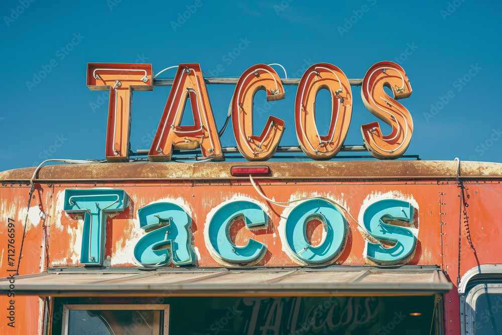 A mexican taco illuminated sign above a street food vendor truck. A mexican taco illuminated sign above a street food vendor truck.
