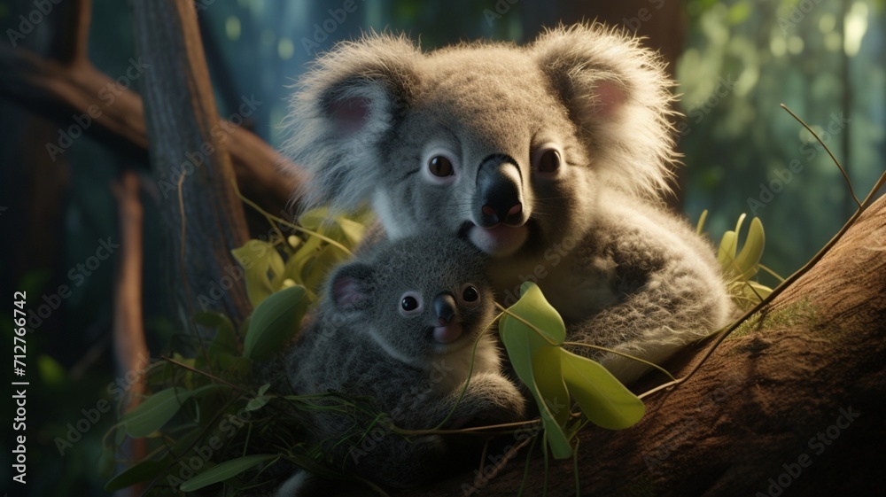 Fototapeta premium Tender Moments: Adorable Koala Embracing Its Cute Baby in a Heartwarming Display of Motherly Love - AI-Generative