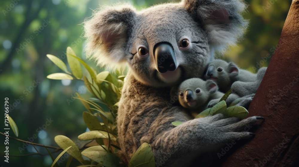 Fototapeta premium Tender Moments: Adorable Koala Embracing Its Cute Baby in a Heartwarming Display of Motherly Love - AI-Generative