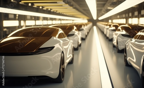 row of futuristic cars in a factory, with white and brown bodies