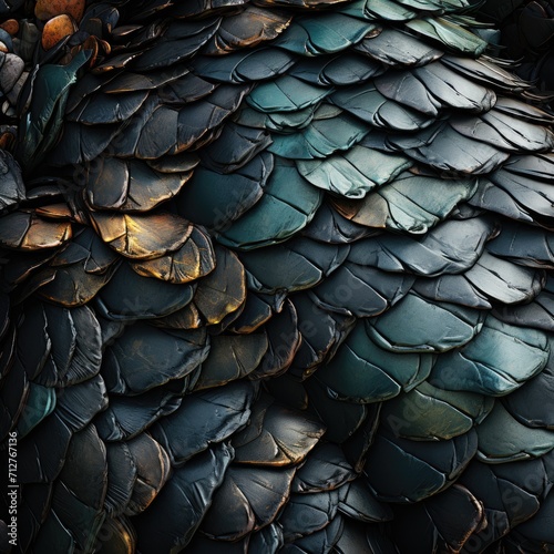  Pearlescent black scale texture, top view. A beautiful pattern, the tile looks like black dragon scales or snake scales. Texture for clothing fabric, paper, house roof, decorations. Scales print. © Nataly G