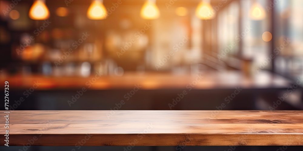 Blurred cafe counter with wood table-top for product display or design layout, with light bulb backdrop.