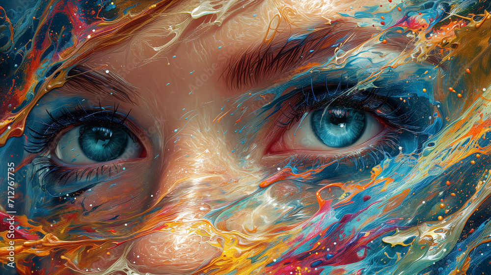 Captivating image portraying a close up woman's face. Mesmerizing fusion of colorful paint splashes. Captivating gaze Harmony of the composition, emotionally resonant artwork.