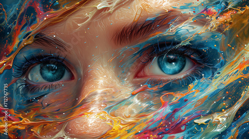 Captivating image portraying a close up woman's face. Mesmerizing fusion of colorful paint splashes. Captivating gaze Harmony of the composition, emotionally resonant artwork. 