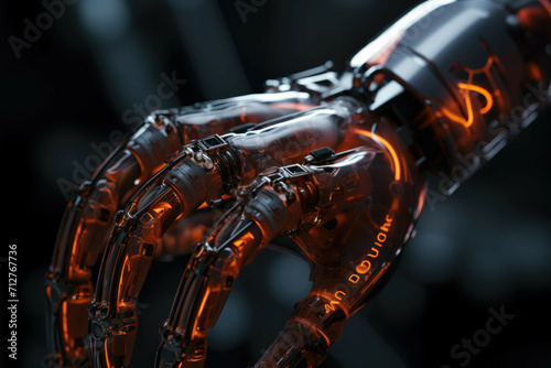 A close-up of a robotic hand, with wires and circuitry visible beneath the surface