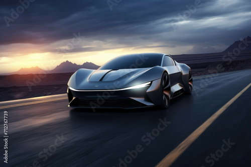 A futuristic car, with a sleek design and glowing headlights, driving on an empty highway