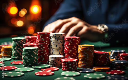 Stacked gambling chips on table. Man playing a game of poker with lot of chips on the table. Casino background. Generative AI