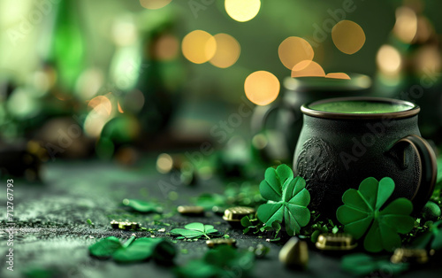 Celebrating Saint Patricks day in Ireland with a glass of green beer. St Patricks day background. Generative AI photo