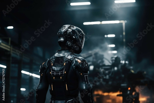 A person in a futuristic, robotic suit, standing in a dark, industrial environment