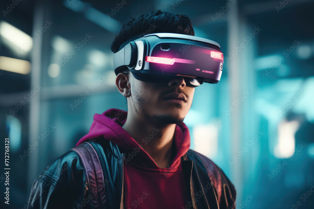 A person wearing a futuristic augmented reality headset A person wearing a futuristic augmented reality headset