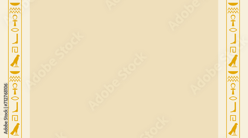Hieroglyphic-like vertical borders with ancient Egyptian motifs on beige backdrop. Historical border design in yellow tones vector illustration.