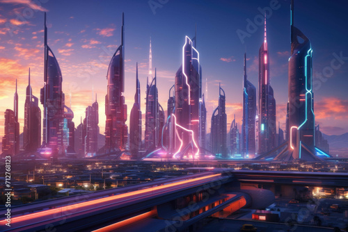 A futuristic cityscape with towering skyscrapers, neon lights, and flying cars photo