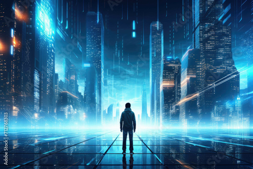 A person walking through a futuristic city, with its tall buildings and bright lights