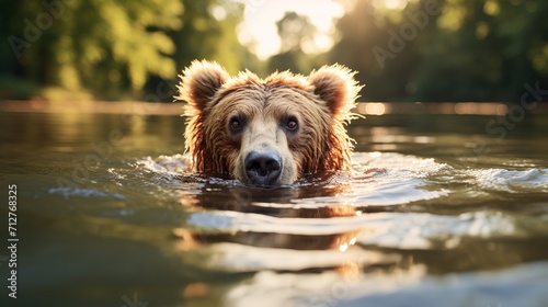 Majestic brown bear enjoying a refreshing swim in crystal clear water under the golden sun